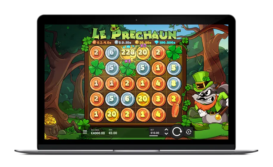 Official Le Prechaun desktop mockup with Smokey, coin values and Golden Squares